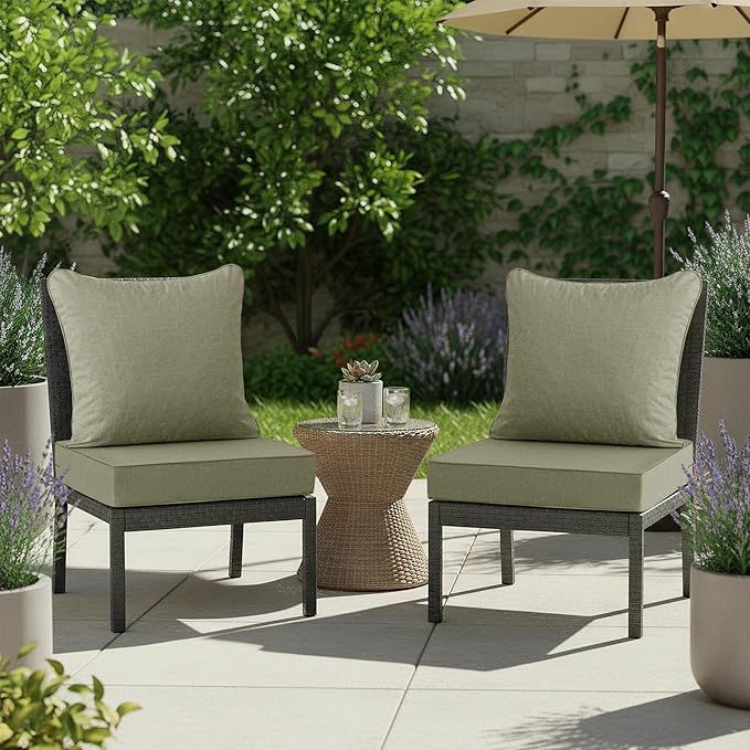 Summsun Water Resistant Outdoor Chair Cushions, Faux Linen Backrest and Deep Seat Cushion Set with Ties, Removable Cover, Non-Slip Bottom for Patio Furniture, 22 x 22 Inch, Mocca Green, Set of 2