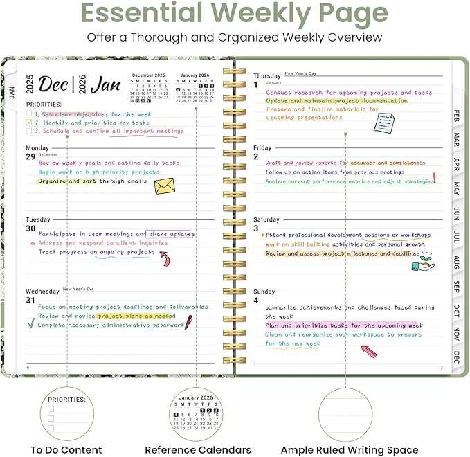 2026 Planner, Weekly and Monthly Planner for Women, Jan 2026 - Dec 2026 Pretty 2026 Calendar Planner with Monthly Tabs, Inner Pocket, Spiral Binding, Perfect for Office Home School - 6.3" x 8.5", Emerald Harmony