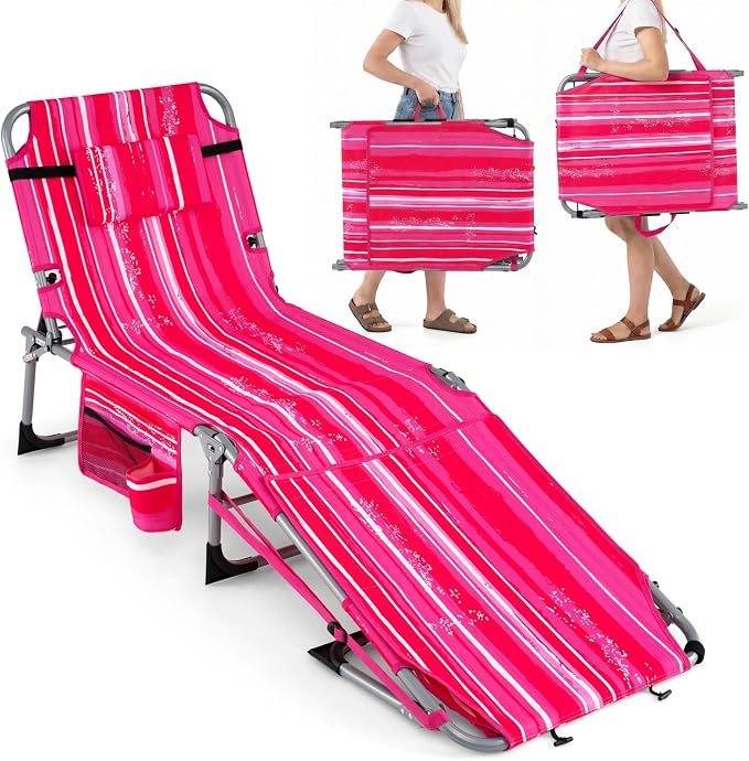 GYMAX Tanning Chair, 330LBS Beach Lounge w/Face Arm Hole & Shoulder Strap, Folding Layout Sunbath Chair, Face Down Outdoor Chaise Lounger for Patio, Poolside, Lawn, Backyard (1, Pink Stripe)