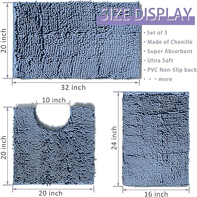 Blue Bathroom Rugs Chenille Bath Mats Set 3 Piece Extra Soft and Absorbent Shaggy Rugs, Machine Wash and Dry, Perfect Plush Bath Mats for Tub, Shower, Bathroom Decor, Washable Carpets Set
