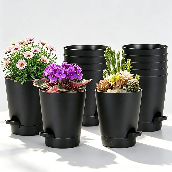 12 Pack 4 Inch African Violet Pots Self Watering, Self-Watering Planters with Drainage Holes & Reservoir, Black Plastic Pots for Indoor Outdoor Plants, Succulents & Flowers