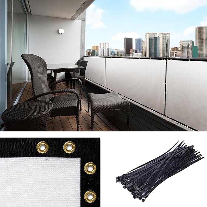 Amgo Custom Made 3' x 184' White Balcony Privacy Screen, Apartment Porch Railing Patio Fence Windscreen Fabric Cloth, Heavy Duty, Commercial and Residential, 90% Blockage (We Customize)