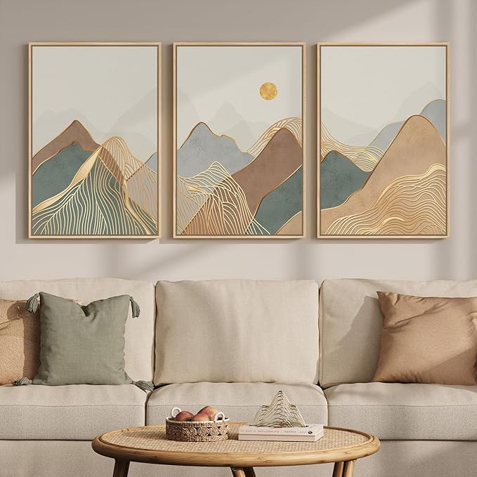 Framed Boho Abstract Mountain Wall Art Bedroom, 3 Piece Modern Nature Landscape Canvas Artwork for Walls, Sunset Minimalist Scenic Prints Wall Decor for Living Room Dining Room Hallway, 16x24 Inch