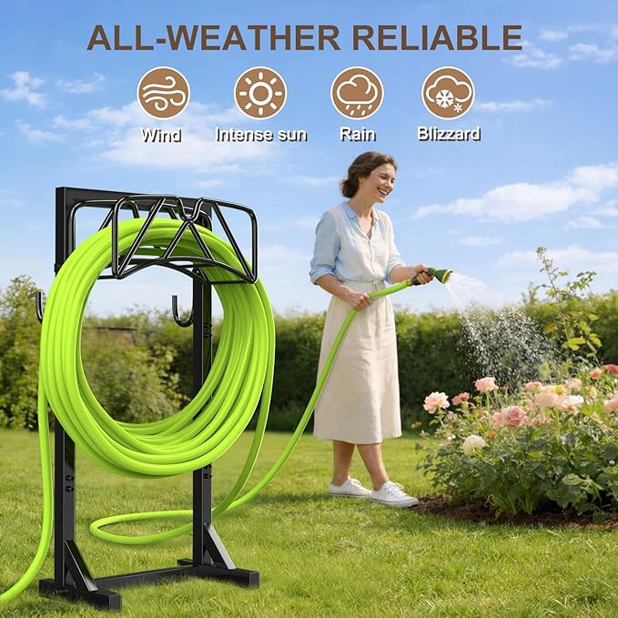 Garden Hose Holder Stand, Heavy Duty Freestanding Hose Holder Rack with 4 Spikes, Holds 150 ft, Outdoor Water Hose Holder for Yard Lawn Garden