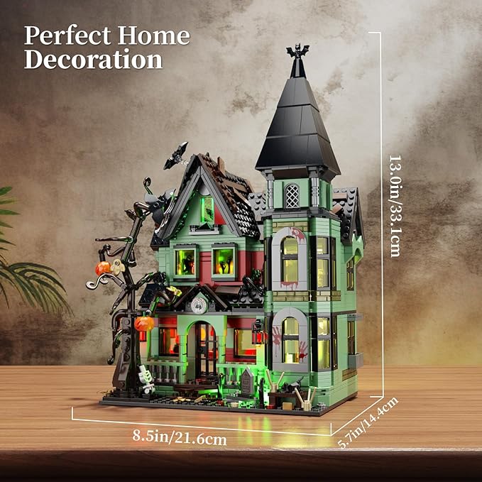 iATOM Haunted House Building Set with Lights, Halloween Mansion Building Toy for Adults, Gift for Christmas, Horror Village Town Architecture Include Pumpkin Skeleton Spooky Bat Cat, F-C9987