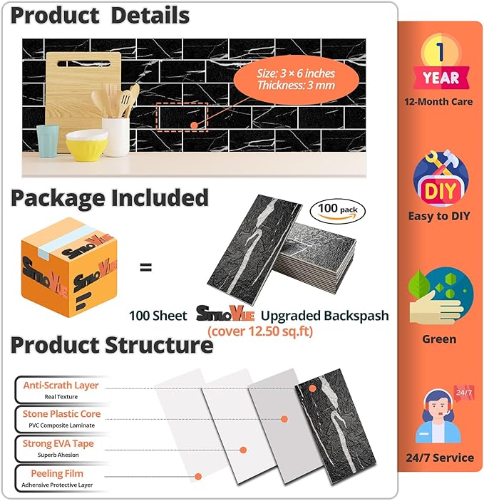 StyloVue 100 Pieces Peel and Stick Backsplash