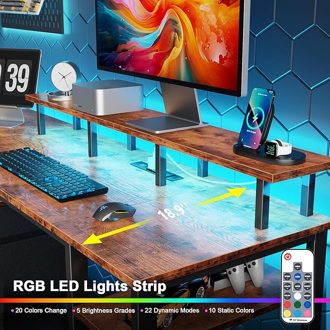 Furologee 51" Computer Desk with Power Outlet and LED Lights, Reversible Home Office Desk with File Cabinet & Monitor Stand, Large Gaming Table with Storage Shelves & Drawer, Rustic Brown