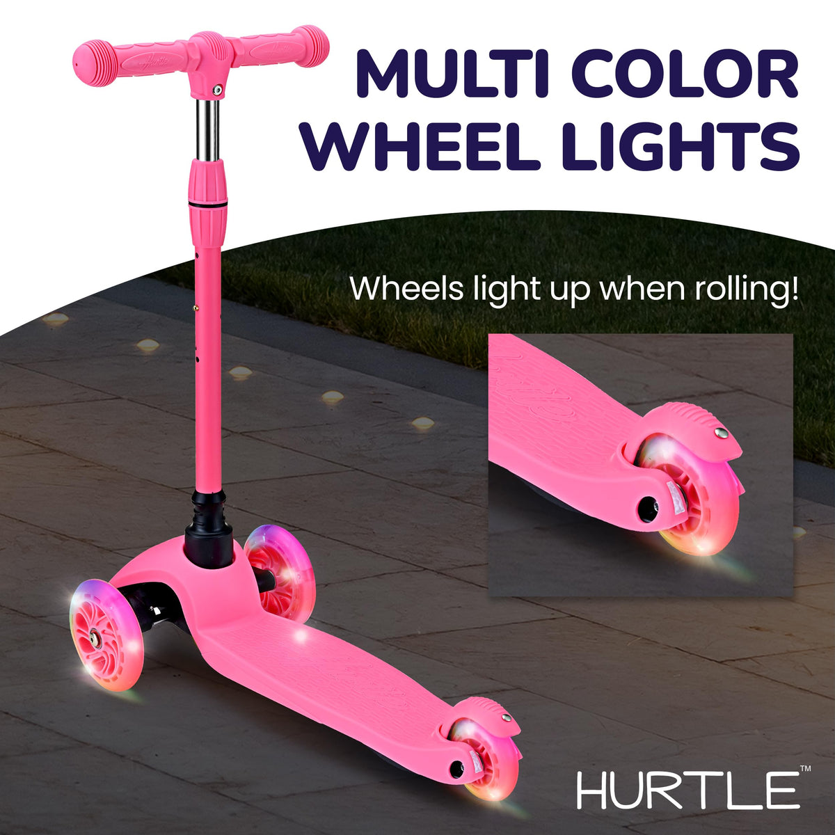 Hurtle Mini Kickboard Scooter for Kids - Height Adjustable 25''-28'', Lightweight 3-Wheel with LED Light-up Wheels, Anti-Slip,Indoor/Outdoor Fun, Micro Scooters for Ages 2-5 (Watermelon)