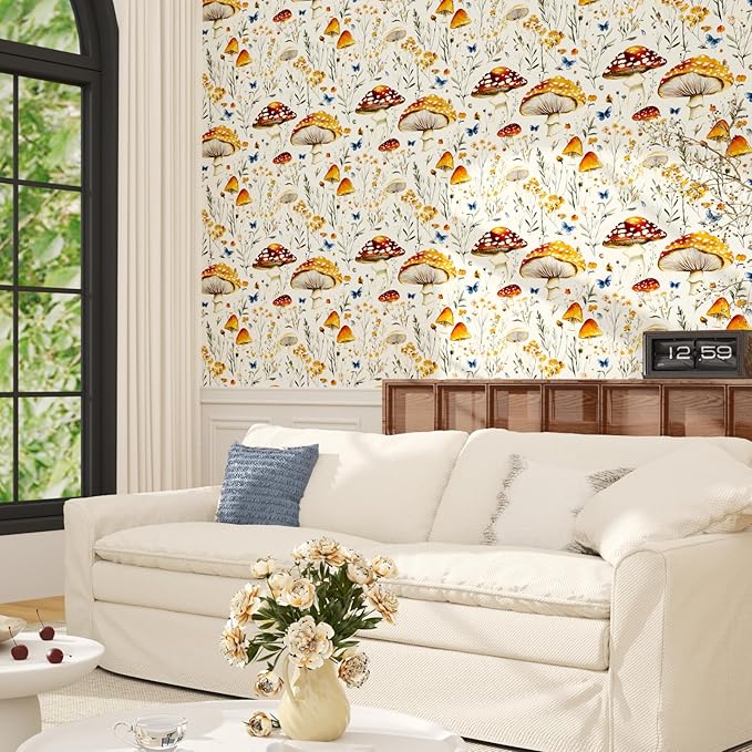 BOKEBEVE Mushroom Peel and Stick Wallpaper Beige Colorful Floral Contact Paper