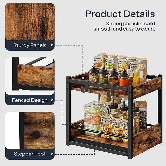 HOOBRO Kitchen Countertop Organizer, Corner Shelf Organizer, 2-Tier Spice Rack with Pull-Out Shelf and Hooks, for Kitchen, Office, Study, Bedroom, Living Room, Rustic Brown and Black BF08TL01