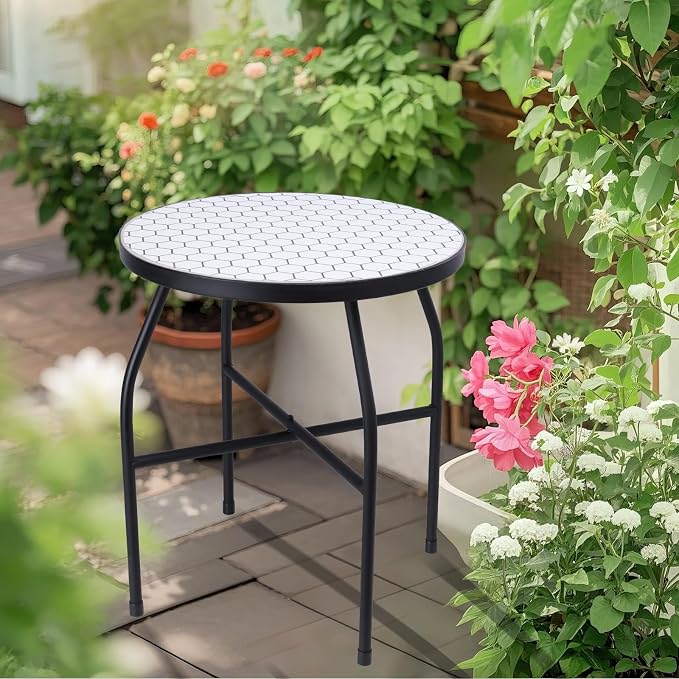 VCUTEKA Mosaic Outdoor Side Table, Round Rustproof Patio Table with 14" Ceramic Tile Top, Indoor Porch Accent Table for Yard, Garden, Living Room, Bistro Balcony, White