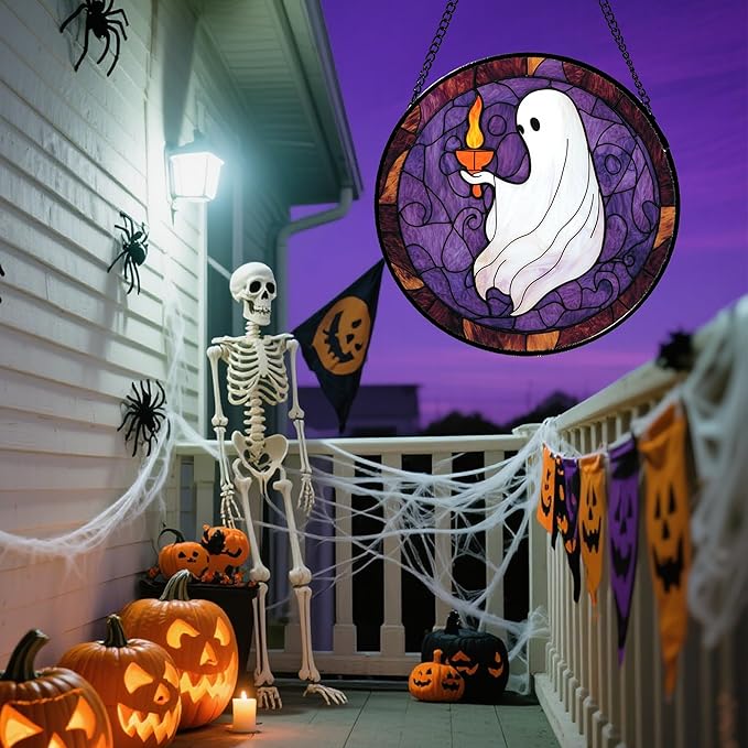 Stained Glass Window Hanging - Halloween White Ghost Purple Suncatcher for Doors Window Garden Spooky Candlelight Sun Catchers Gothic Decor Horror Gifts for Women Men Friend Boy Girl 11.8 in