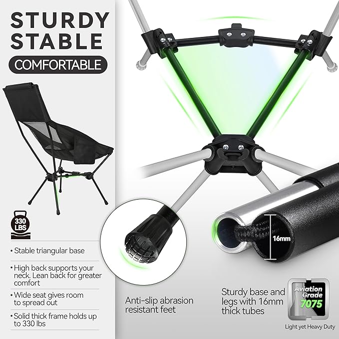 MARCHWAY Lightweight Folding High Back Camping Chair with Head Support, Stable Portable Compact for Outdoor Camp, Travel, Beach, Picnic, Festival, Hiking, Backpacking (Highback Black)