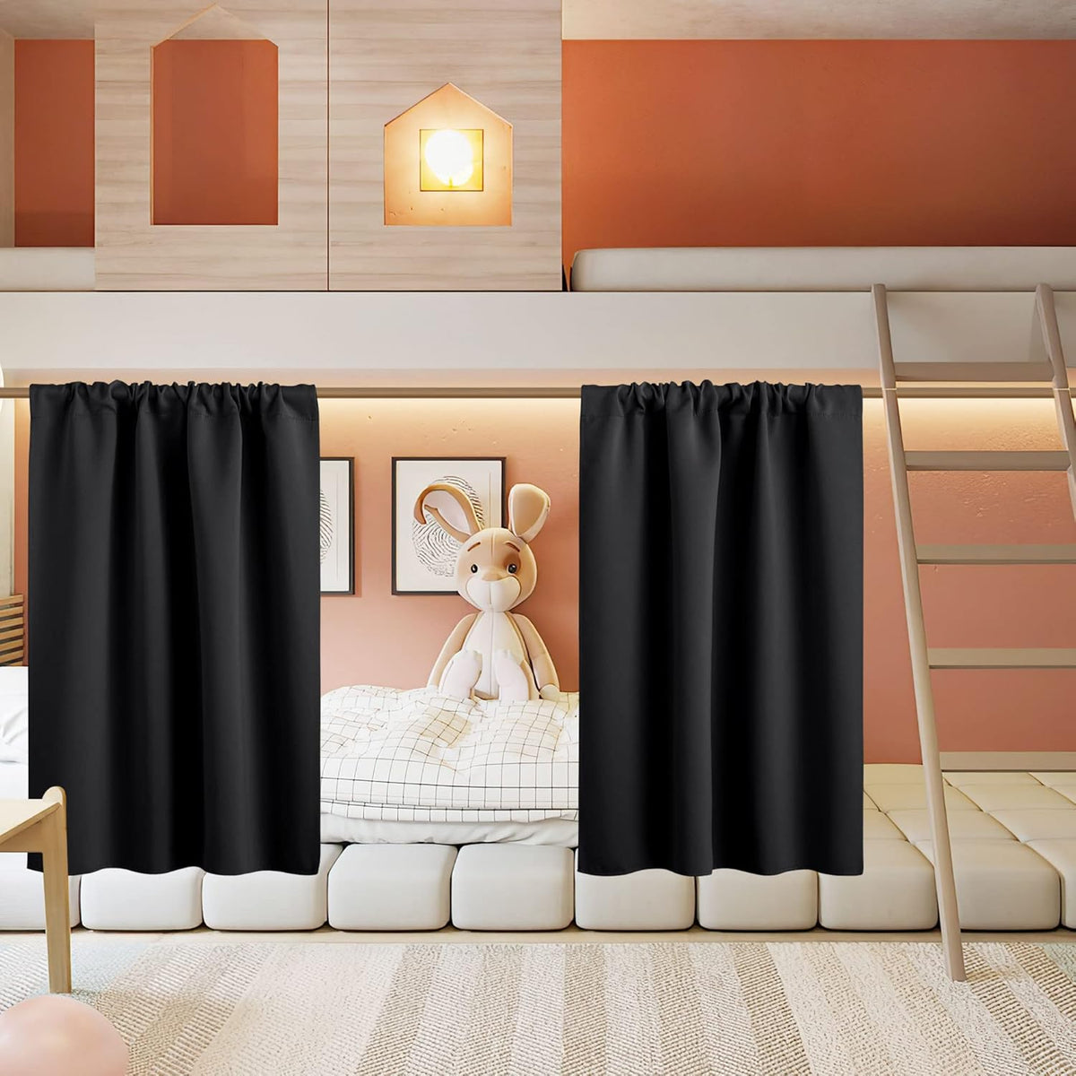 RYB HOME Small Curtains for Kitchen Window - Blackout Privacy Portable Curtain Set for Bedroom Office Bathroom Basement Garage Storage Enclosure RV Bunk, W 34 x L 30 inch, Black, 2 Pcs