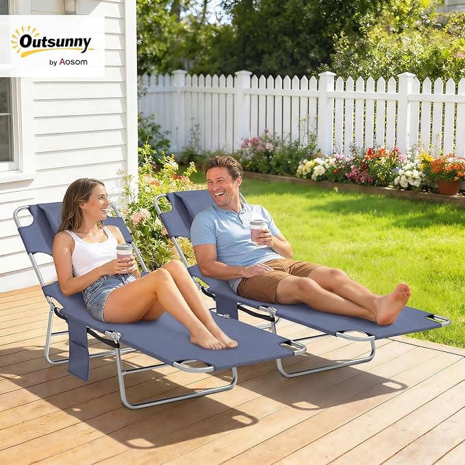 Outsunny Chaise Lounge Chair Outdoor Set of 2 with Face Arm Hole, 5-Position Reclining Face Down Tanning Chair with Carry Strap, Side Pocket, Portable Folding Bed Cot for Patio Beach Pool, Gray