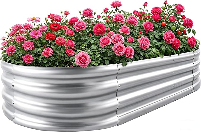 Sponvatt Raised Garden Bed - Outdoor Galvanized Raised Garden Bed Planter Boxes, Large Oval Metal for Gardening Planter Box Kit,Suitable for Vegetables,Herbs, and Flowers Silver (8x4x1 Ft)