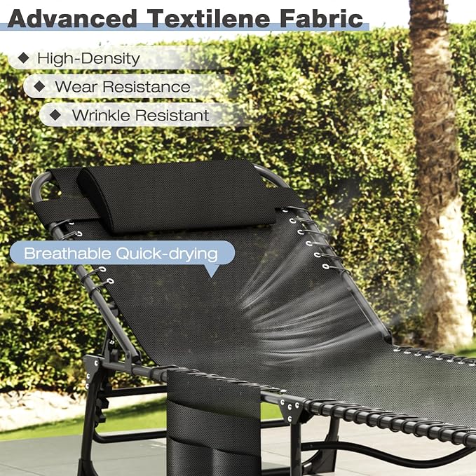4-Level Reclining Backrest Aluminum Folding Lounge Chair, Outdoor Lounge Chair, Removable Pillow & Side Pocket Design, Breathable Portable Tanning Chair for Poolside, Patio, Backyard, Black