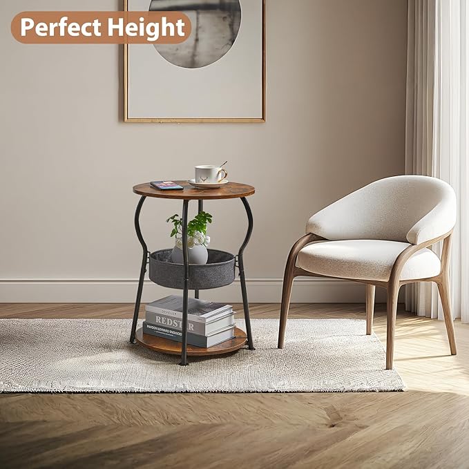 Small Round Side Table with Storage Bag, 3-Tier Accent Round End Table with Storage Shelves for Living Room, 21.6" H Vintage Small Corner Table for Smalls Spaces (D - 15.8 in Rustic Brown)