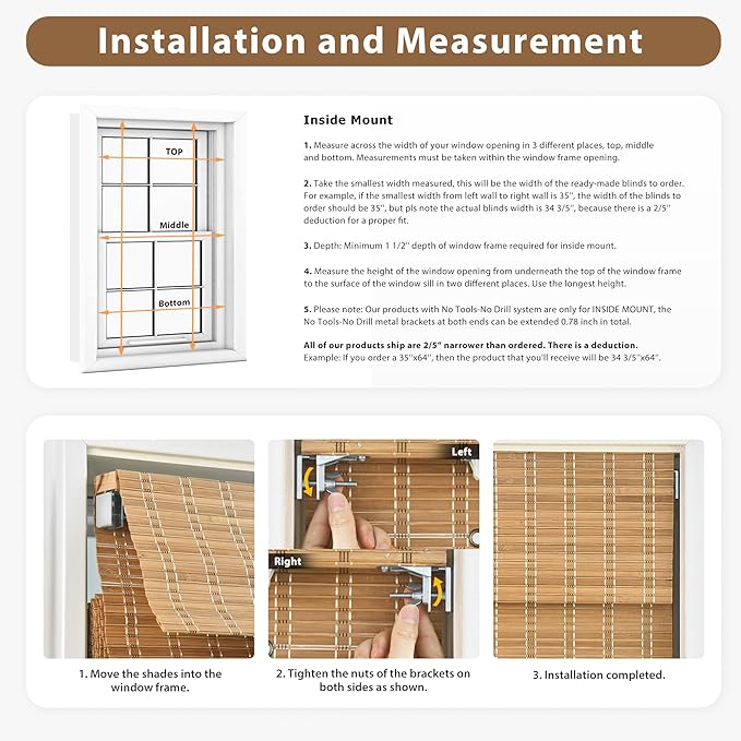 LazBlinds No Tools No Drill Cordless Bamboo Roman Shades, Privacy Window