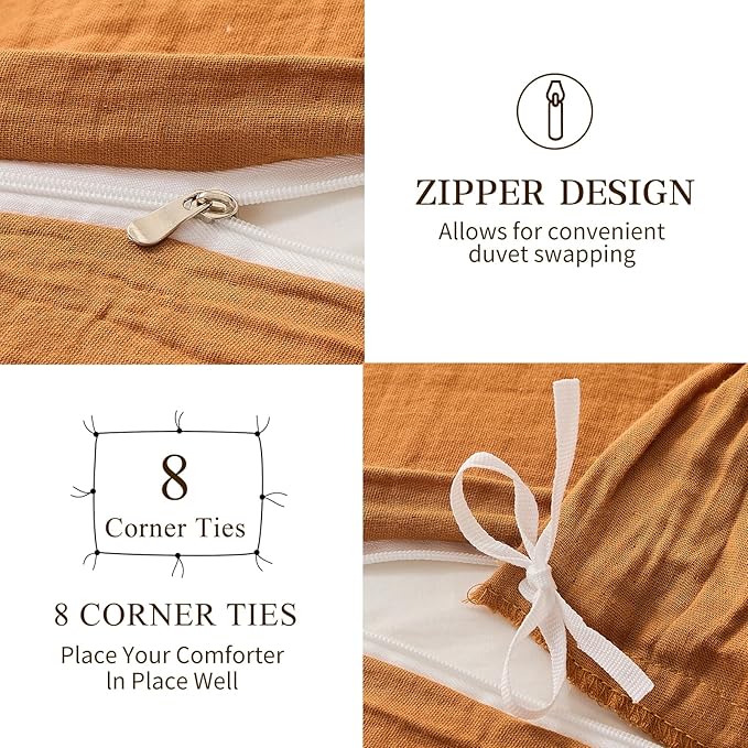 MEISHANG Muslin Duvet Cover Queen Size - 100% Organic Cotton, Soft Textured Gauze Weave Comforter Cover for Breathable All-Season with Zipper Closure - 3 Piece Set (Queen, Brown)