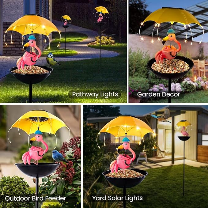 Solar Bird Feeder Garden Decor, Outdoor Solar Lights with Umbrella, Hummingbird Feeder Decorative Path Lights Yard Art Ornament Bird Feeder (Flamingo)