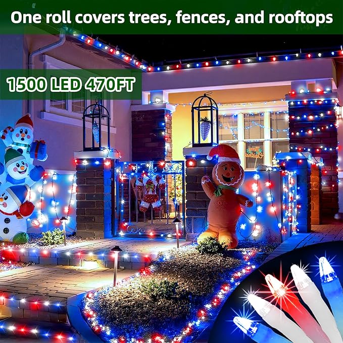 1500 LED Chrstmas Lights, 470ft Outdoor Christmas String Lights with 12 Modes, Red White and Blue LED String Lights with Timer Dimmable Waterproof for Tree Fence Garden Xmas Wedding Party Decor