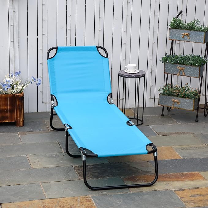 Outsunny Folding Chaise Lounge Chair with 5-Level Back, Sky Blue | Pool Sun Tanning Chairs, Breathable Mesh Seat, Headrest, for Pool, Beach, Yard, Patio, Outside
