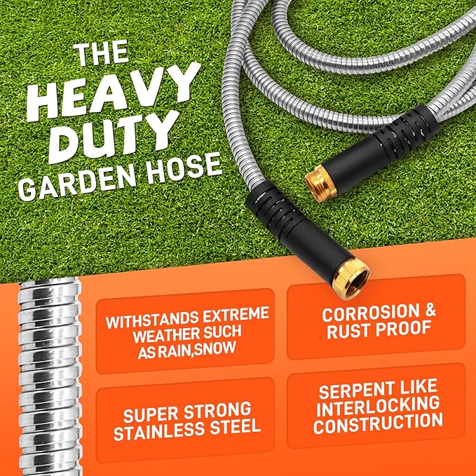 Besiter Garden Hose 100FT Stainless Steel Water Hose with 10 Functions Adjustable Spray Nozzle, Heavy-Duty Metal Garden Hose Flexible Durable No-Tangle & Kink Leak Dog Proof Hose for Yard Lawn(Orange)