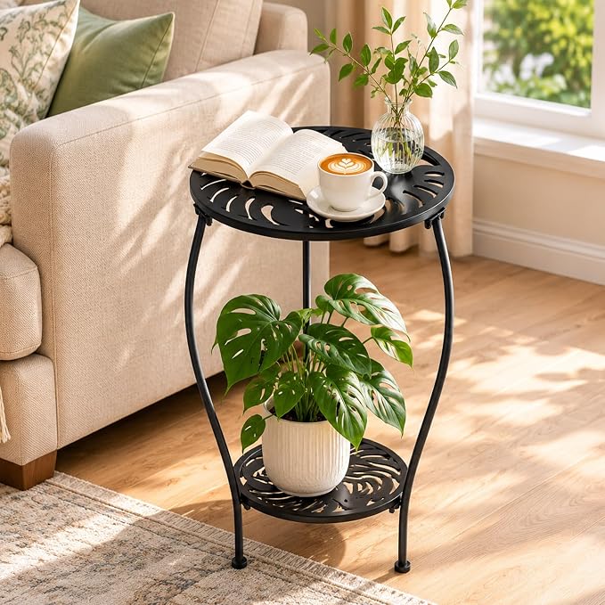 2-tiered 13.2 Inch Metal Round Side Table Set of Two Small Black Outside End Table for Patio Round Accent Garden Corner Stand for Small Spaces Weather-resistant Outdoor Coffee Table for Balcony, Black