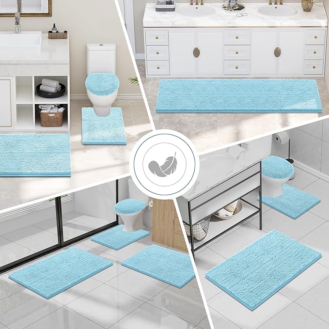 Smiry Luxury Chenille Bathroom Rugs 48x32, Extra Soft and Absorbent Shaggy Bath Mat, Machine Washable, Non-Slip Plush Carpet Runner for Tub, Shower, and Floor, Home Decor Accessories, Sky Blue