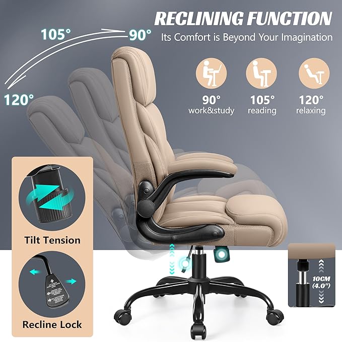 Office Chair, Ergonomic Big and Tall Computer Desk Chairs, Executive Breathable Leather Chair with Adjustable High Back Flip-up Armrests, Lumbar Support Swivel PC Chairs with Rocking Function