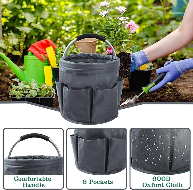 Klmnop Garden Tool Bag, Foldable Gardening Bags for Tools, Garden Tool Organizer with 6 Pockets, Garden Tote Bag for Indoor and Outdoor Use(Grey)