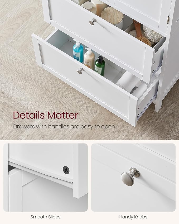 VASAGLE Bathroom Floor Storage Cabinet, Bathroom Storage Unit, Freestanding Cabinet with 2 Drawers and 2 Doors, Adjustable Shelf, 11.8 x 23.6 x 43.3 Inches, White UBBC551WH01S