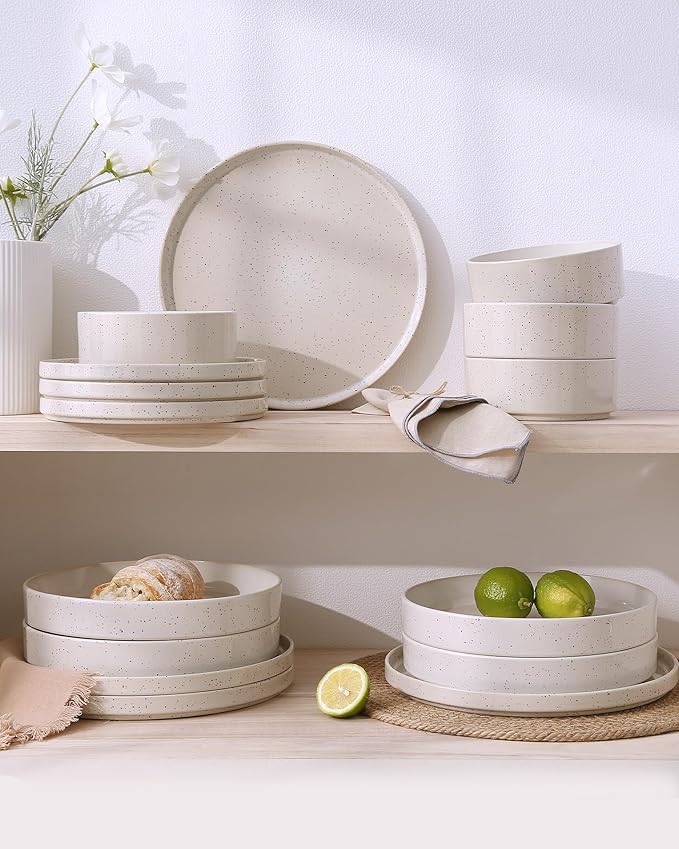 Famiware Nebula Plates and Bowls Set, 24 Pieces Dinnerware Sets, Dishes Set for 8, Creamy White with Colorful Speckles