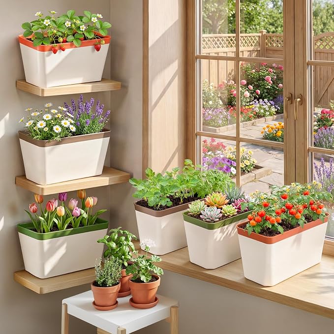 OurWarm Self Watering Pots for Indoor Plants, 6 Pack 10.5 Inch Plastic Window Herb Planter Box with Water Level Indicator, Modern Decorative Windowsill Planters for Herbs, Flowers, Seedlings