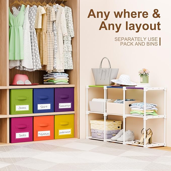 Geelin 9 Sets Cube Storage Organizer Bins with Shelf & Labels 11 Inch, Fabric Collapsible Cubby Toys Clothes Storage Drawer Unit for Daycare Nursery Playroom Bedroom Dorm Organizer (Rainbow)