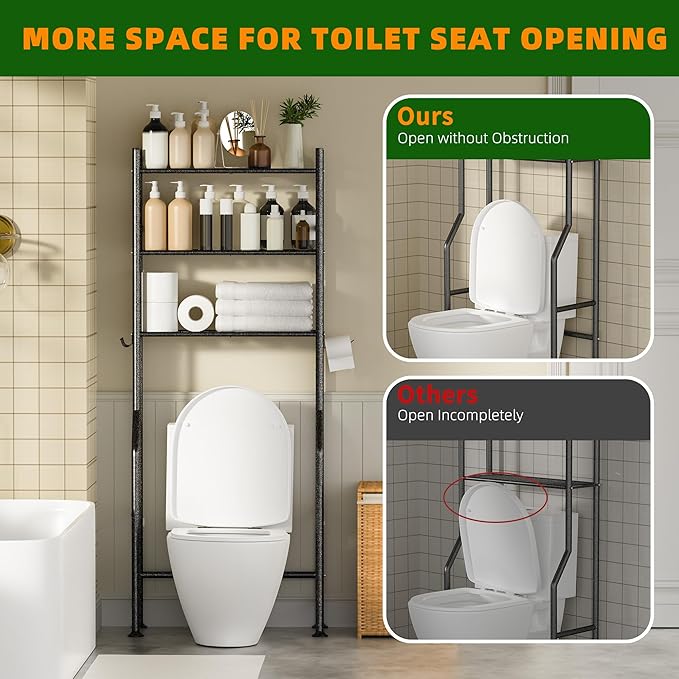 3-Tier Over Toilet Storage with Anti-Tilt Safety System - 150lb Total Capacity Metal Bathroom Shelves Including Paper Holder & 4 Hooks, Space Saving Above Commode Organizer (64" H, Snow Black)