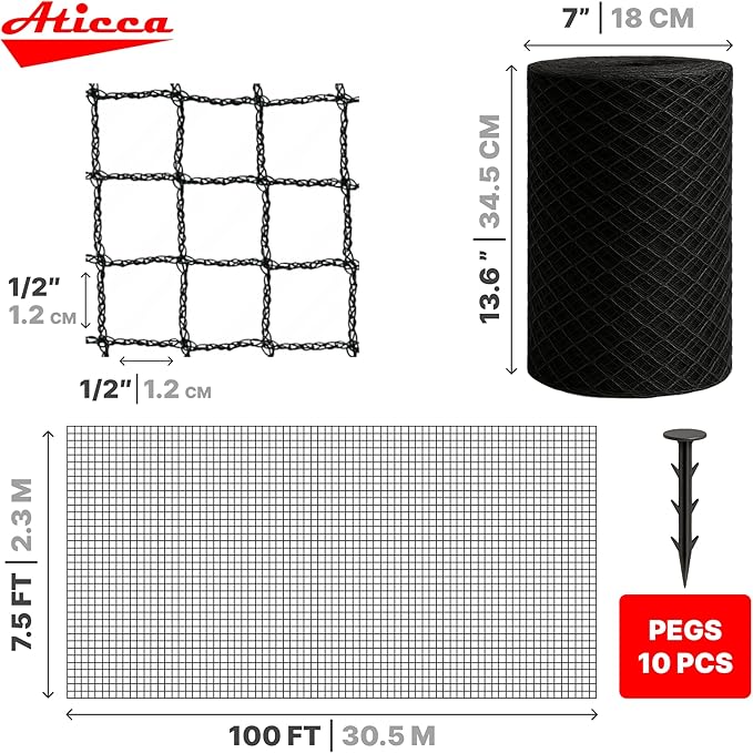 ATICCA Heavy Duty Bird Netting for Garden Protection & Fruit Trees, 7.5x100 Ft with 10 Stakes – Black Anti-Bird Net for Poultry, Deer, & Squirrel Protection, Durable Nylon Mesh for Garden and Yard Use