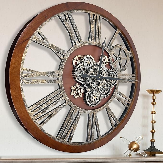 The B-Style Large Real Moving Gears Wall Clock 30 inch Rustic Retro Industrial
