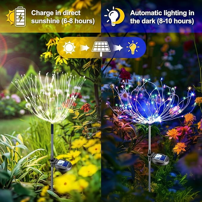 Anordsem Solar Garden Lights Outdoor: Fireworks Light Waterproof for Yard Decorations - LEDs Sparkler Stick Powered for Pathway Lawn 2 Pack - Twinkle Fairy Lamp Multi-Colored Patio Walkway Party DIY