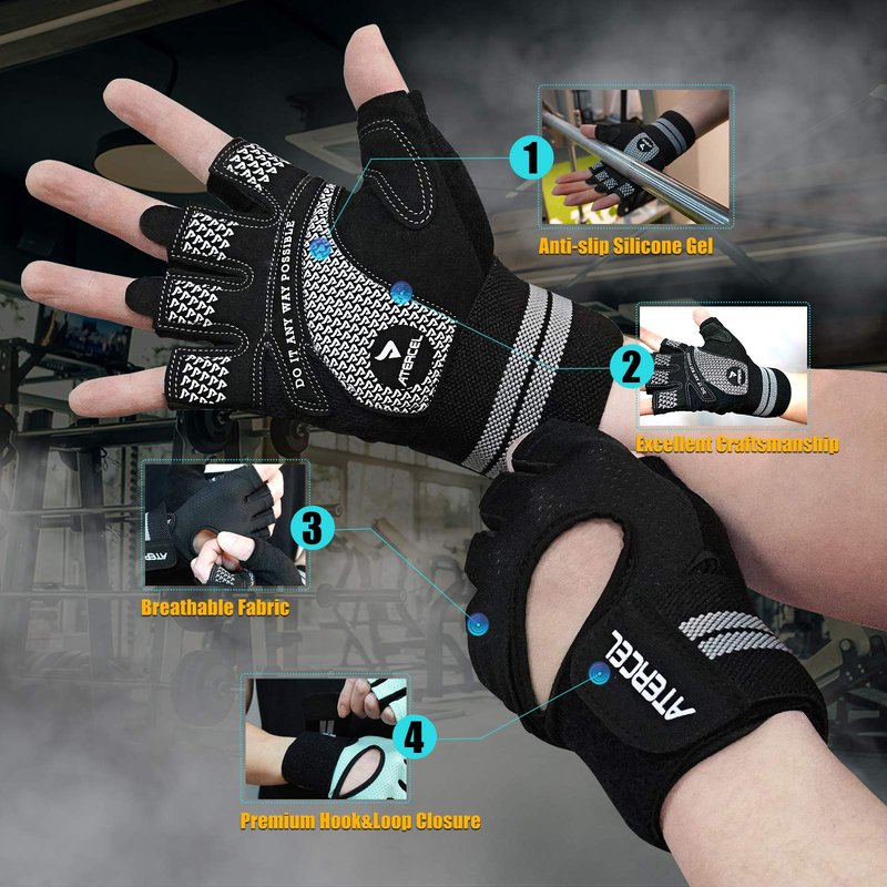 ATERCEL Weight Lifting Gloves Breathable Workout Gloves with Wrist Support for Gym, Exercise, Pull Ups, Super Lightweight for Men and Women, Full Palm Protection, Black, L