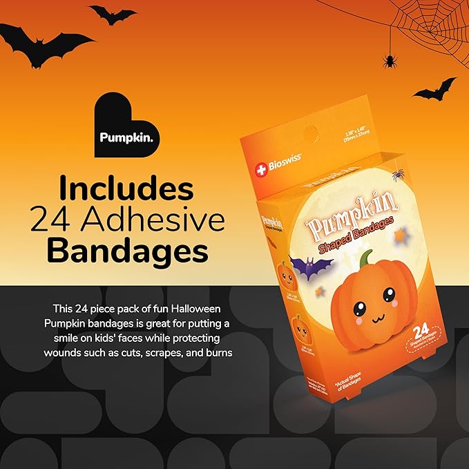 BioSwiss Kids Bandages, Halloween Pumpkin Shaped Self Adhesive Bandage Set, Latex Free, Sterile Wound Care, 24 Count