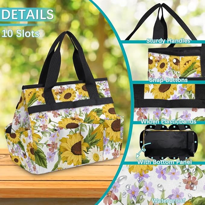 Garden Tote Bag with Pockets Sunflower Gardening Bags for Tools Organizer Heavy Duty Storage Bag with Handle for Lawn Yard Casual