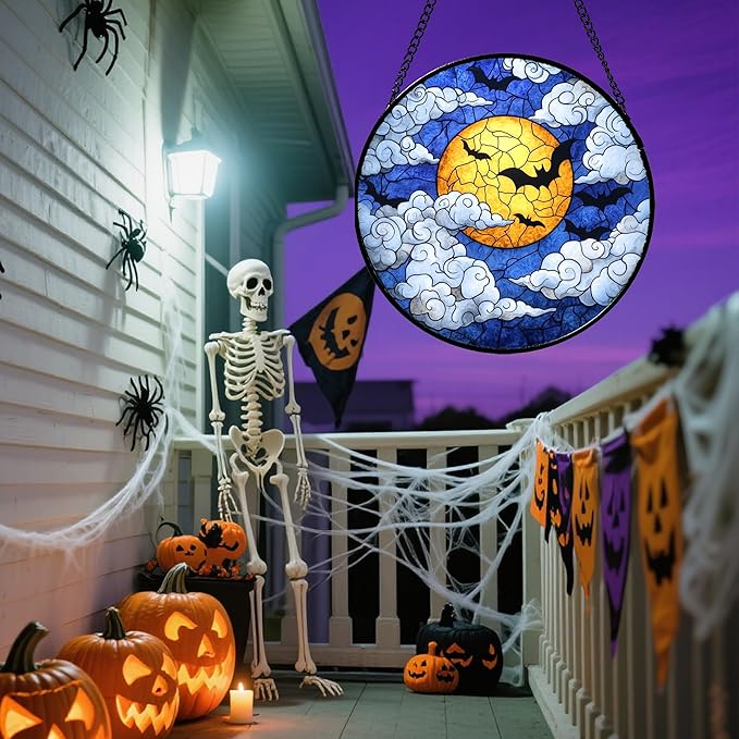 Stained Glass Window Hanging - Halloween Decorations Bats Moon Clouds Suncatcher for Doors Garden Indoor Spooky Funny Sun Catchers Gothic Decor Horror Gifts for Women Men Friend 9.8 in