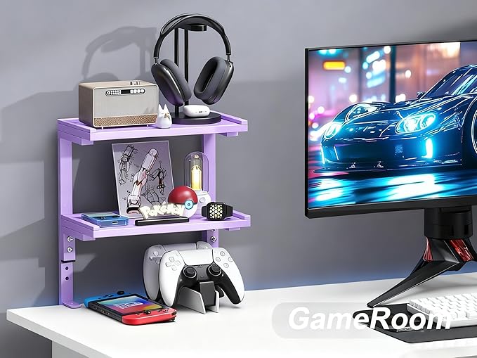 2-Tier Desk Shelf, Expandable Under Desk Storage, Clamp on Desk Shelf, Desktop Accessories for Offices, Study Rooms, and Game Rooms (Purple)