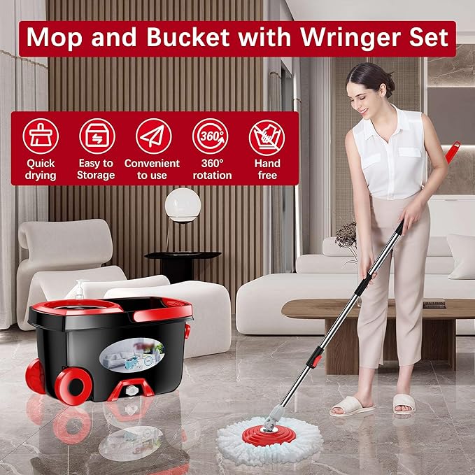 FunClean 360° Spin Mop and Bucket Set with Wringer, 4 Extra Microfiber Heads, 61" Extended Handle for Effortless Floor Cleaning, 2X Wheel Design - Black