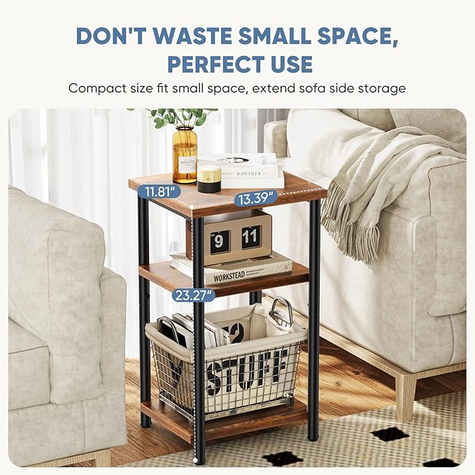 OLIXIS 3 Tier End Table for Small Space, Side Sofa Tables Storage Shelf, Nightstand with Adjustable Feet for Living Room, Bedroom, Office, Set of 1, Rustic Brown