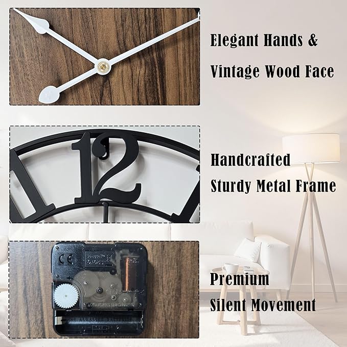 Large Metal Wall Clock, 30 Inch Retro Decorative Silent, Non Ticking, Battery