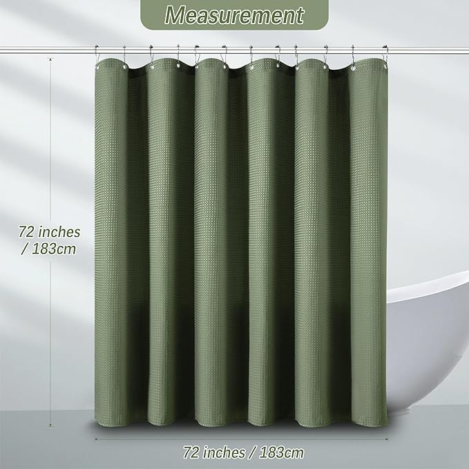 Sage Green Shower Curtain - Waffle Weave Fabric Heavy Duty for Bathroom, Water Repellent Weighted 256GSM Hotel Quality Machine Washable Bath Curtains with 12 Hooks, 72Wx72H