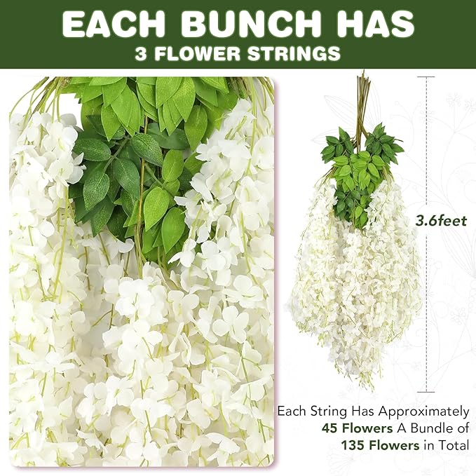 Wisteria Hanging Flowers,Fake Hanging Flowers,Wisteria artificiales Garland for Home Wedding Arch Floral Party Garden Ceremony Outdoor Decor,3.6 feet Long(150,White)